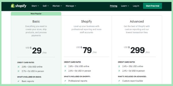 pricing page of shopify store